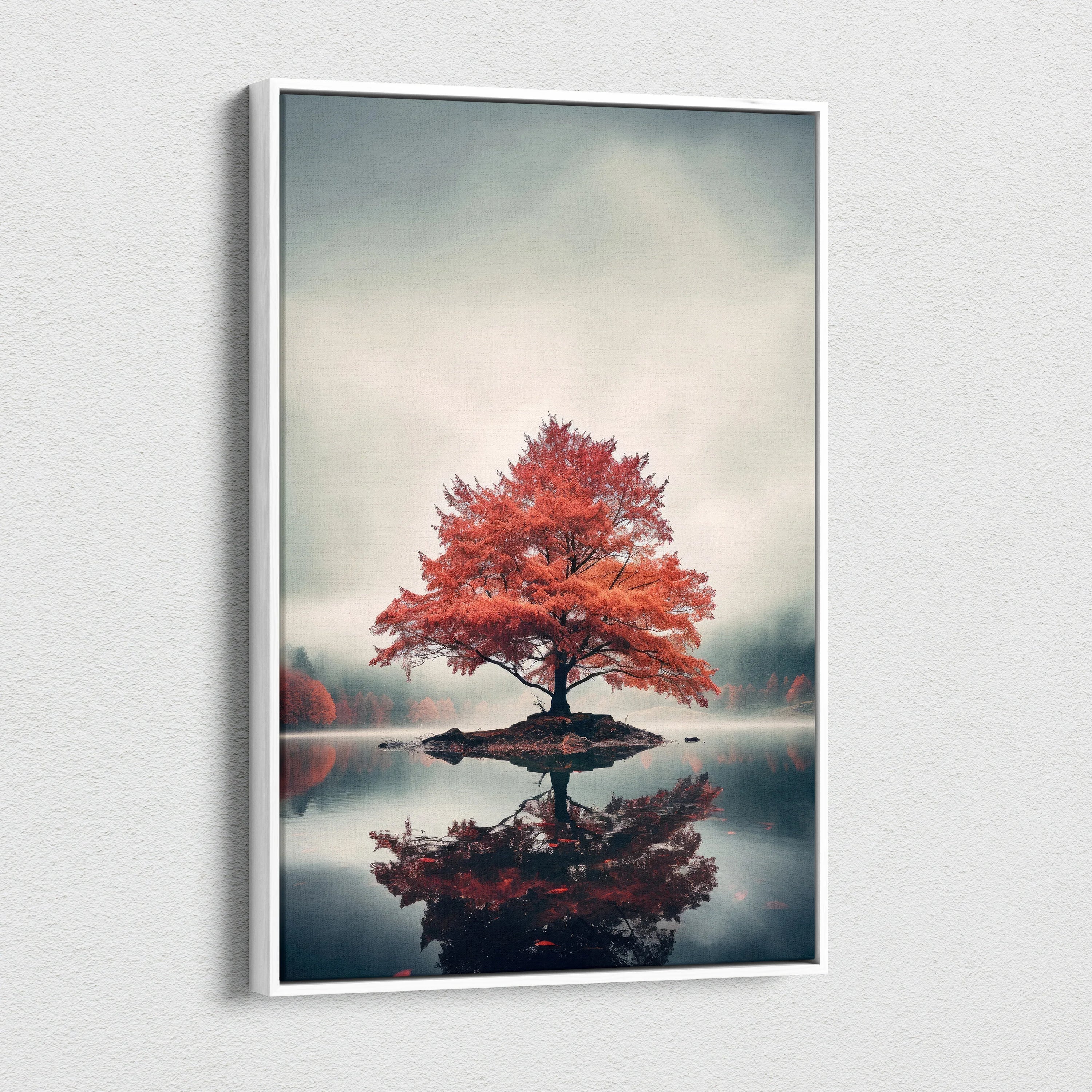 Vibrant autumn tree reflected in calm water on vertical canvas wall art print.