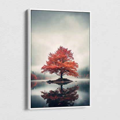 Vibrant autumn tree reflected in calm water on vertical canvas wall art print.