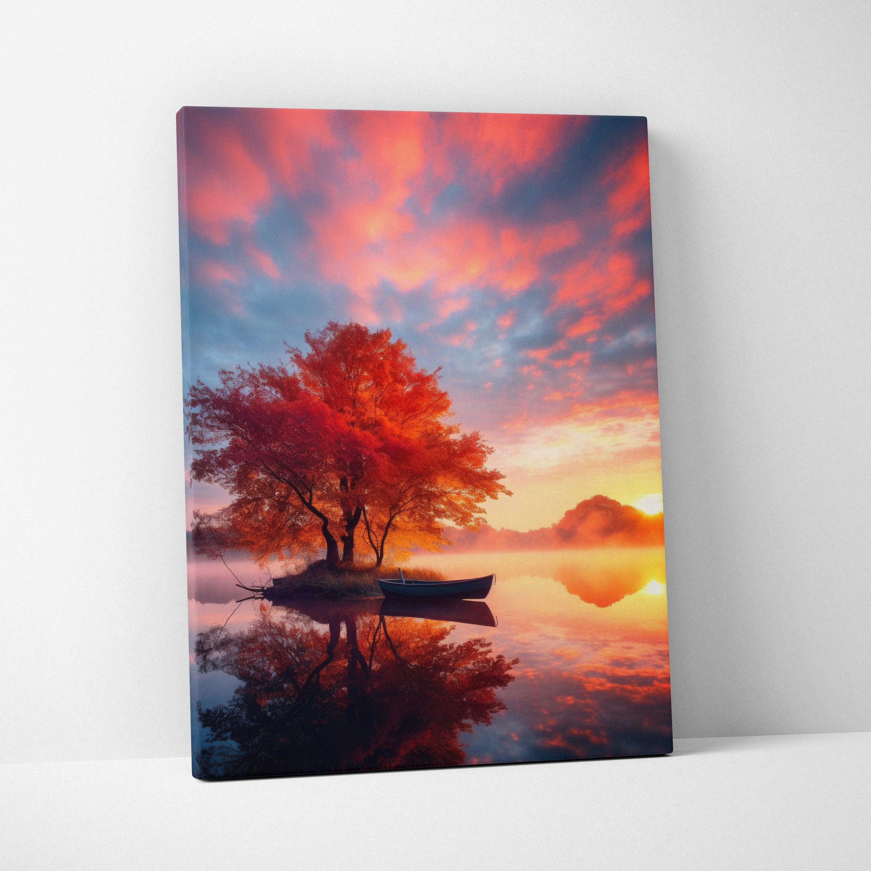 Canvas wall art featuring vibrant autumn tree with red leaves and boat on calm water at sunset.