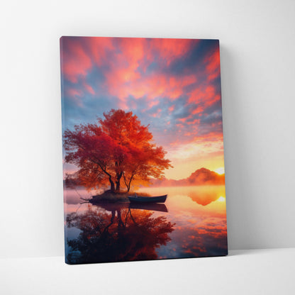Canvas wall art featuring vibrant autumn tree with red leaves and boat on calm water at sunset.