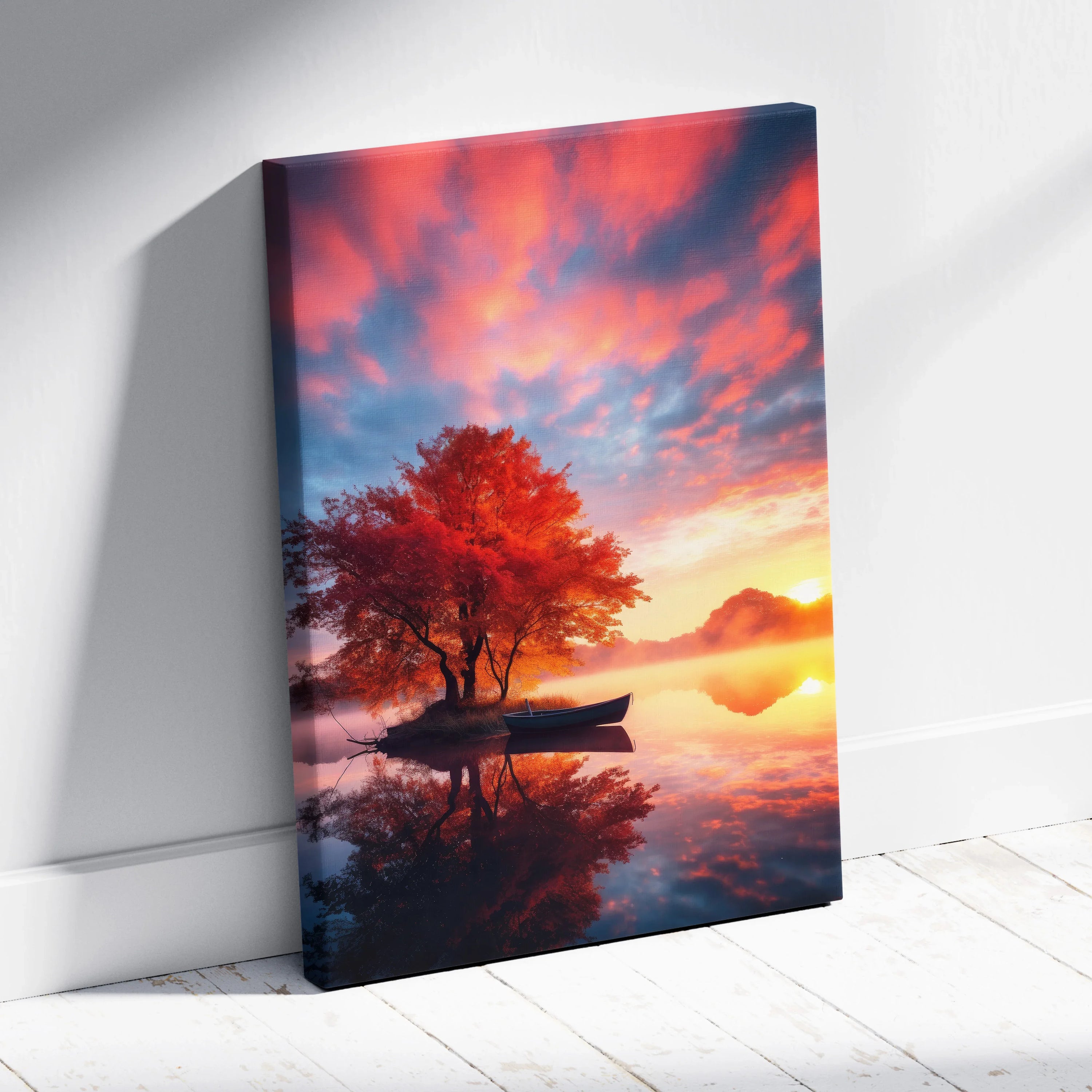 Vibrant autumn lake scene with red tree and canoe at sunset canvas wall art.