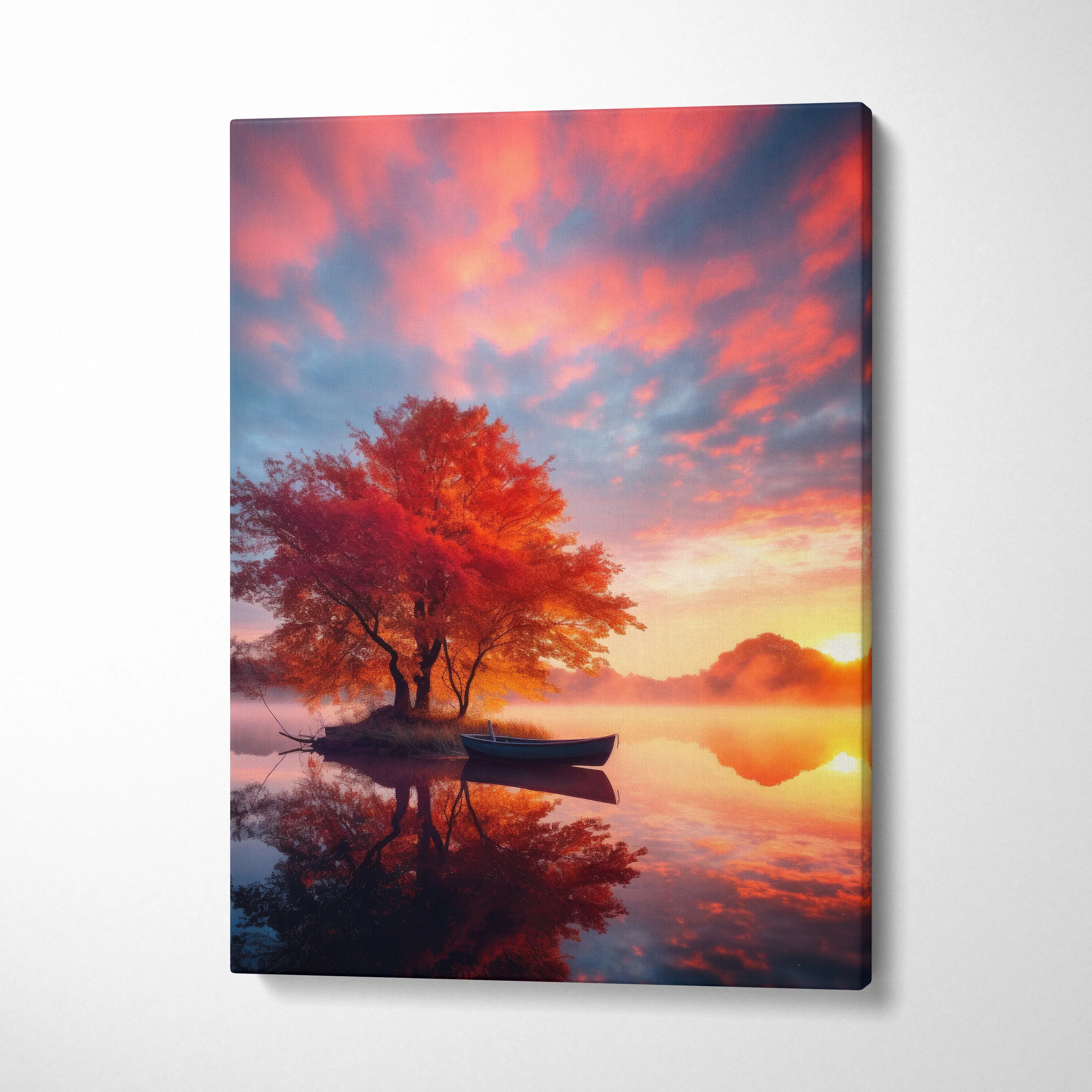 Vibrant autumn landscape canvas art with red-orange tree and boat on calm water at sunset.