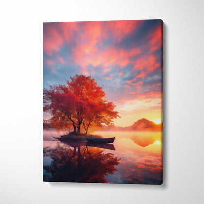 Vibrant autumn landscape canvas art with red-orange tree and boat on calm water at sunset.