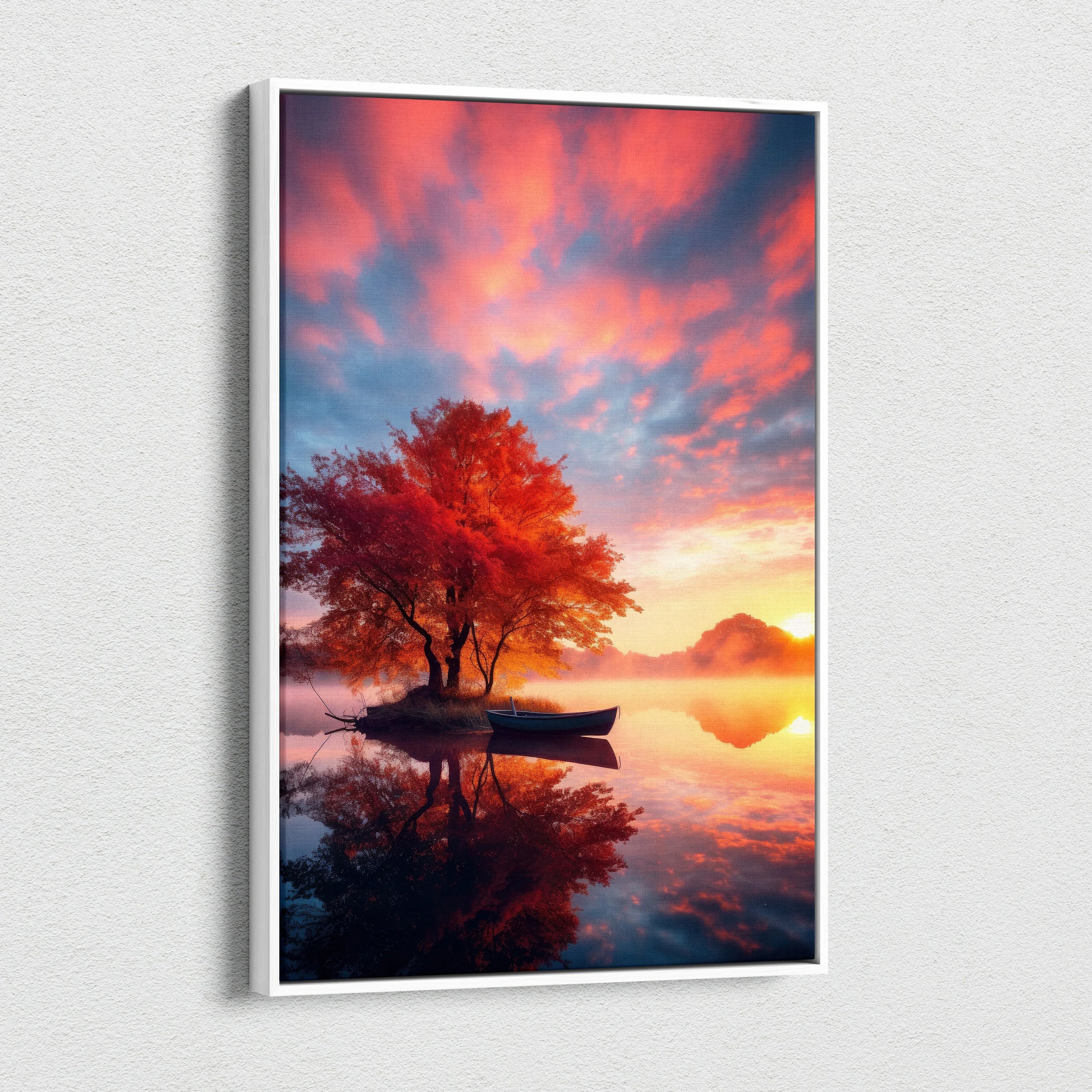 Vibrant autumn landscape canvas wall art with red trees and a boat on calm reflective water at sunset.