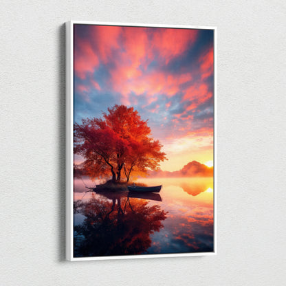 Vibrant autumn landscape canvas wall art with red trees and a boat on calm reflective water at sunset.
