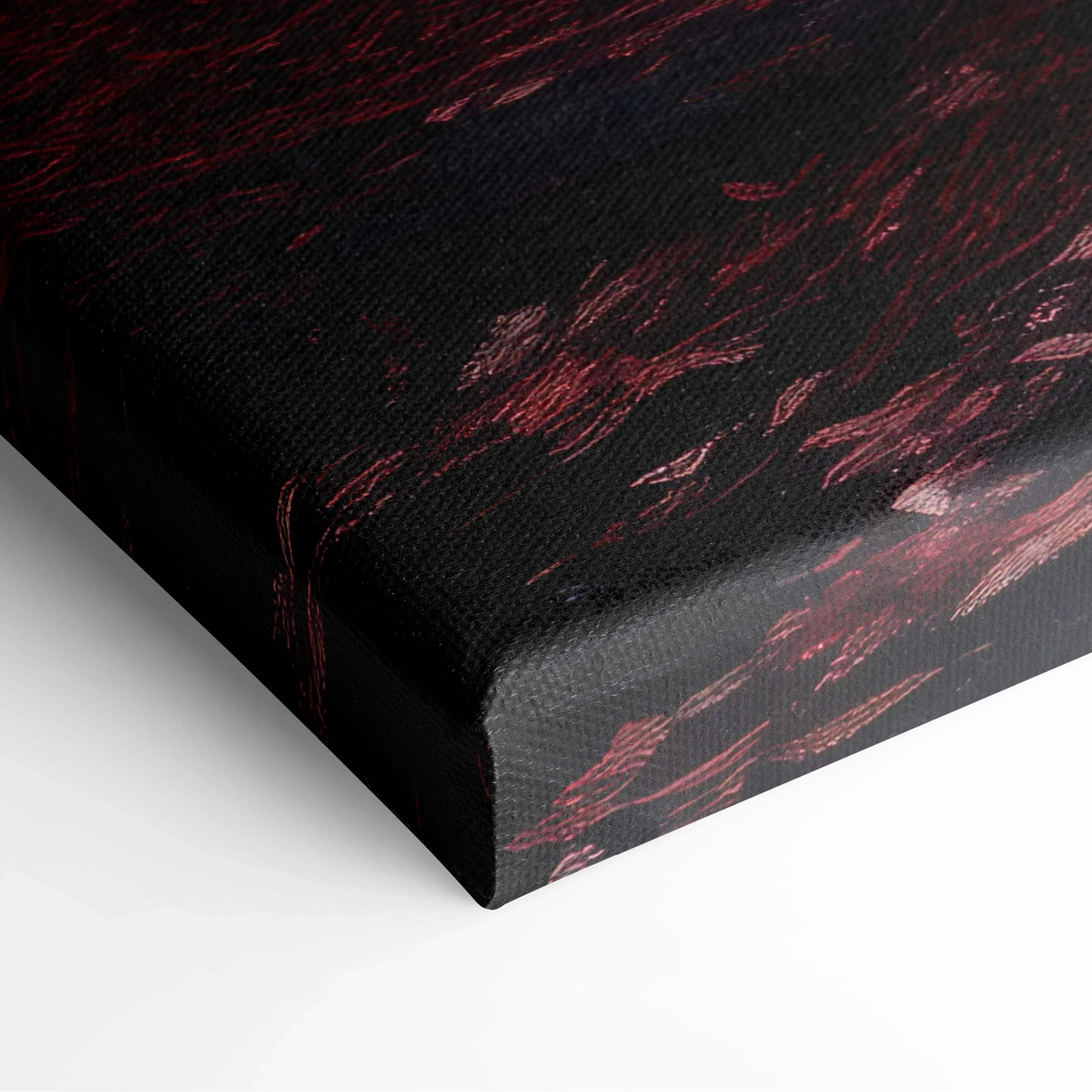 Dark canvas art with abstract red autumn leaf patterns and textured surface wall art.