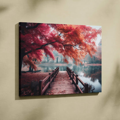 Canvas art featuring vibrant red autumn leaves over a wooden bridge with reflection in calm water, wall art decor.