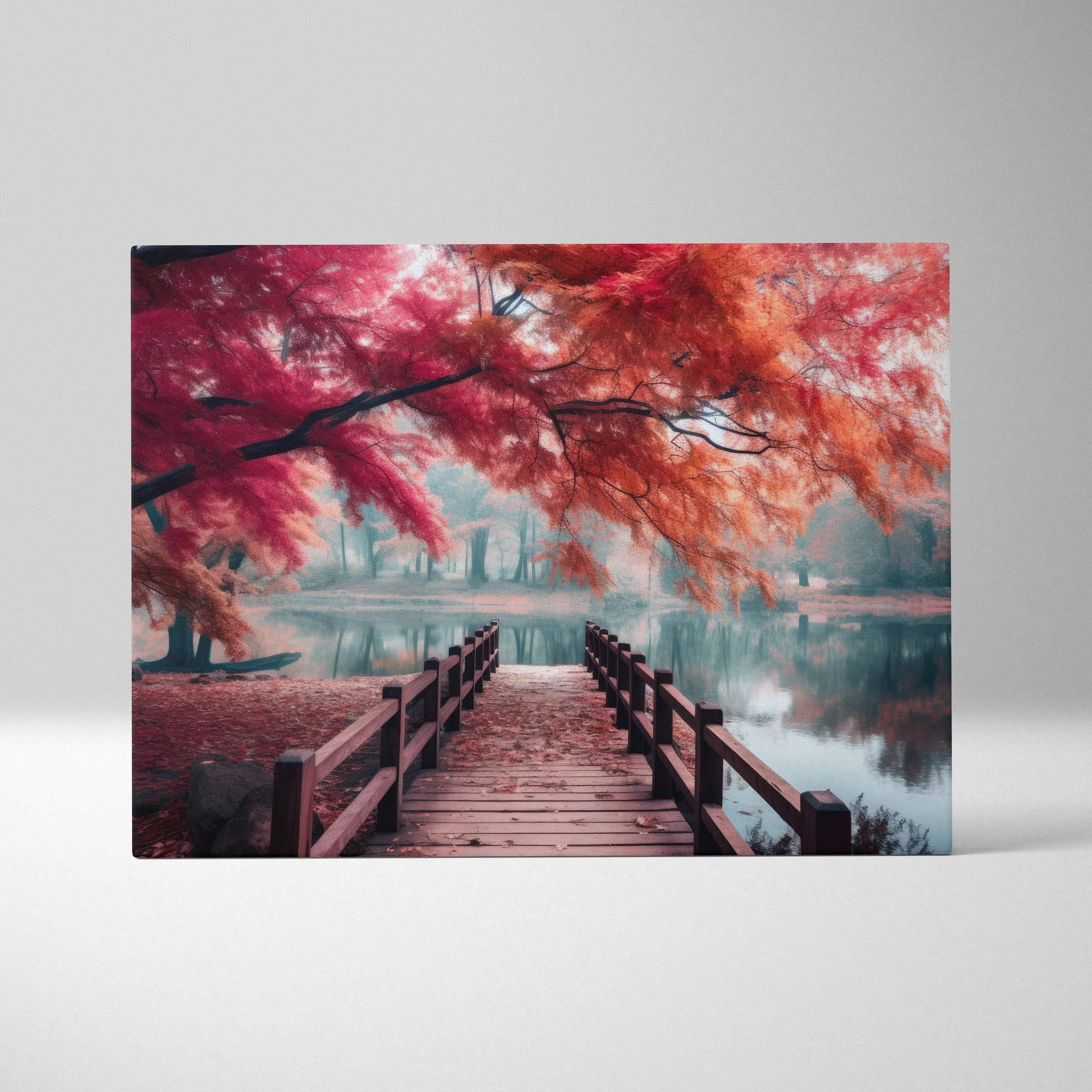 Canvas art of a wooden pier surrounded by vibrant red and orange autumn leaves over calm water wall art.
