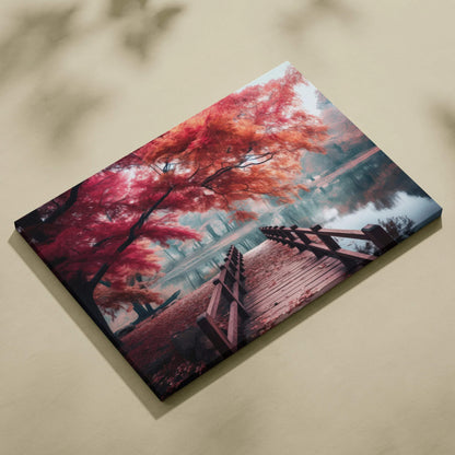 Canvas art featuring vibrant red and orange autumn leaves over a wooden bridge in a golden forest, wall art with rich fall.