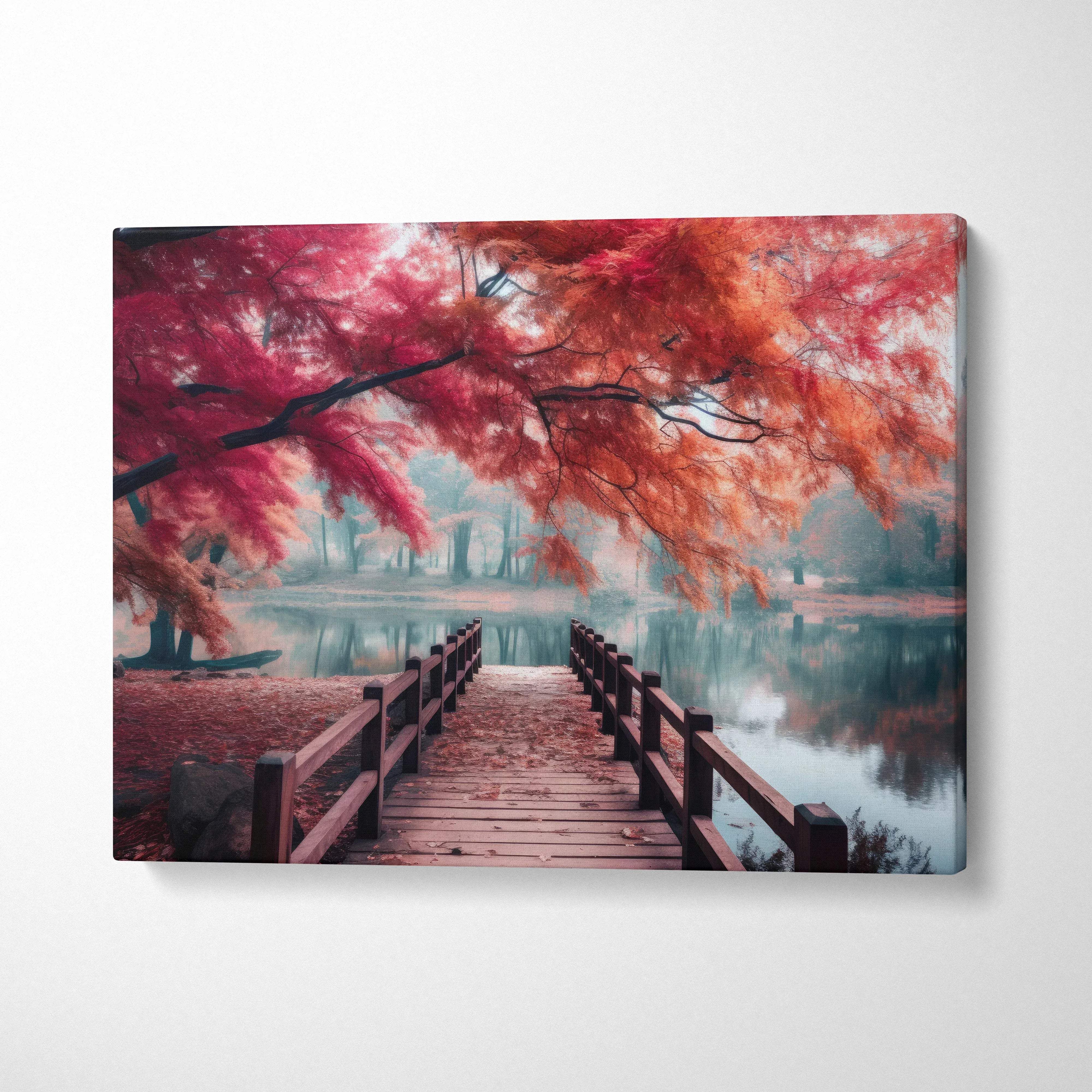 Canvas art featuring a wooden bridge under vibrant red autumn leaves over a calm lake wall art.
