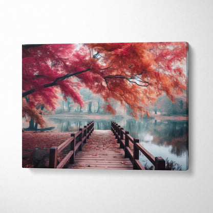 Canvas art featuring a wooden bridge under vibrant red autumn leaves over a calm lake wall art.