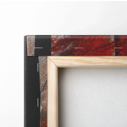 Close-up of wooden frame and stapled canvas edge with vibrant autumn fall landscape wall art.
