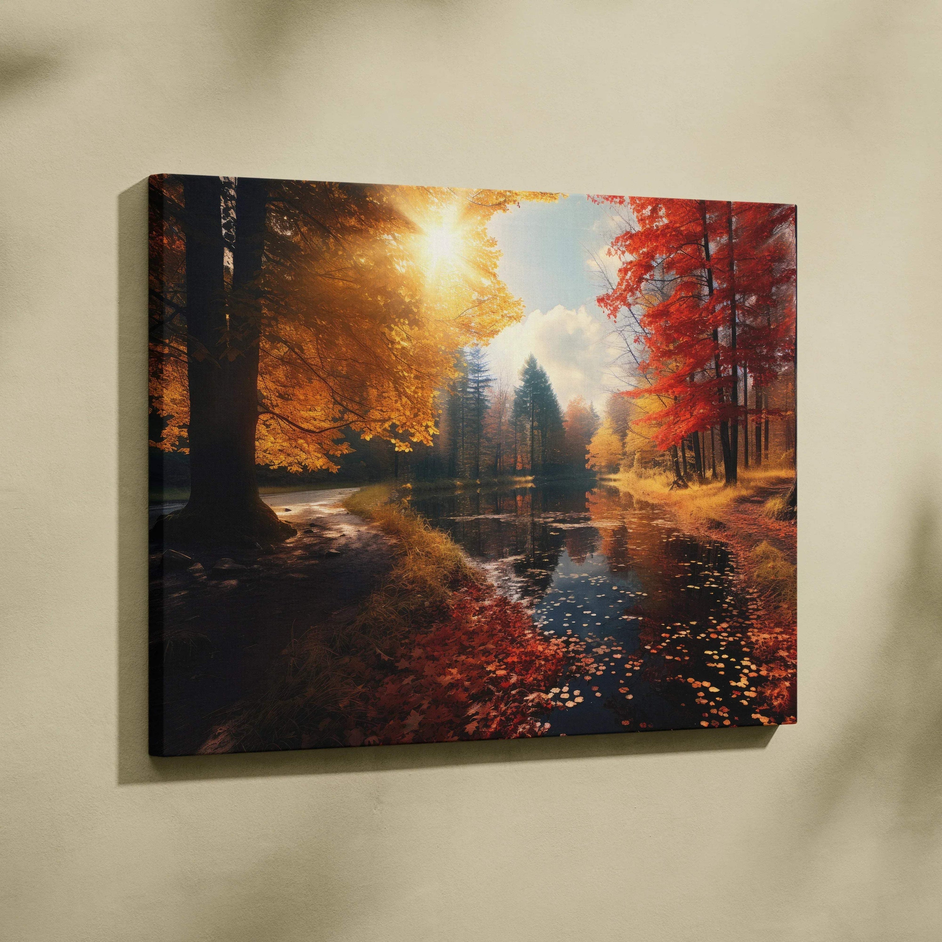 Autumn forest landscape canvas art with golden leaves and glowing sunset over a reflective pond wall art.