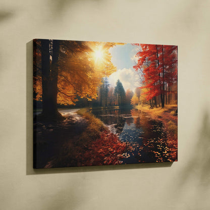 Autumn forest landscape canvas art with golden leaves and glowing sunset over a reflective pond wall art.