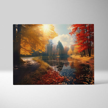 Autumn landscape canvas art with golden leaves and glowing sunset over reflective lake wall art.