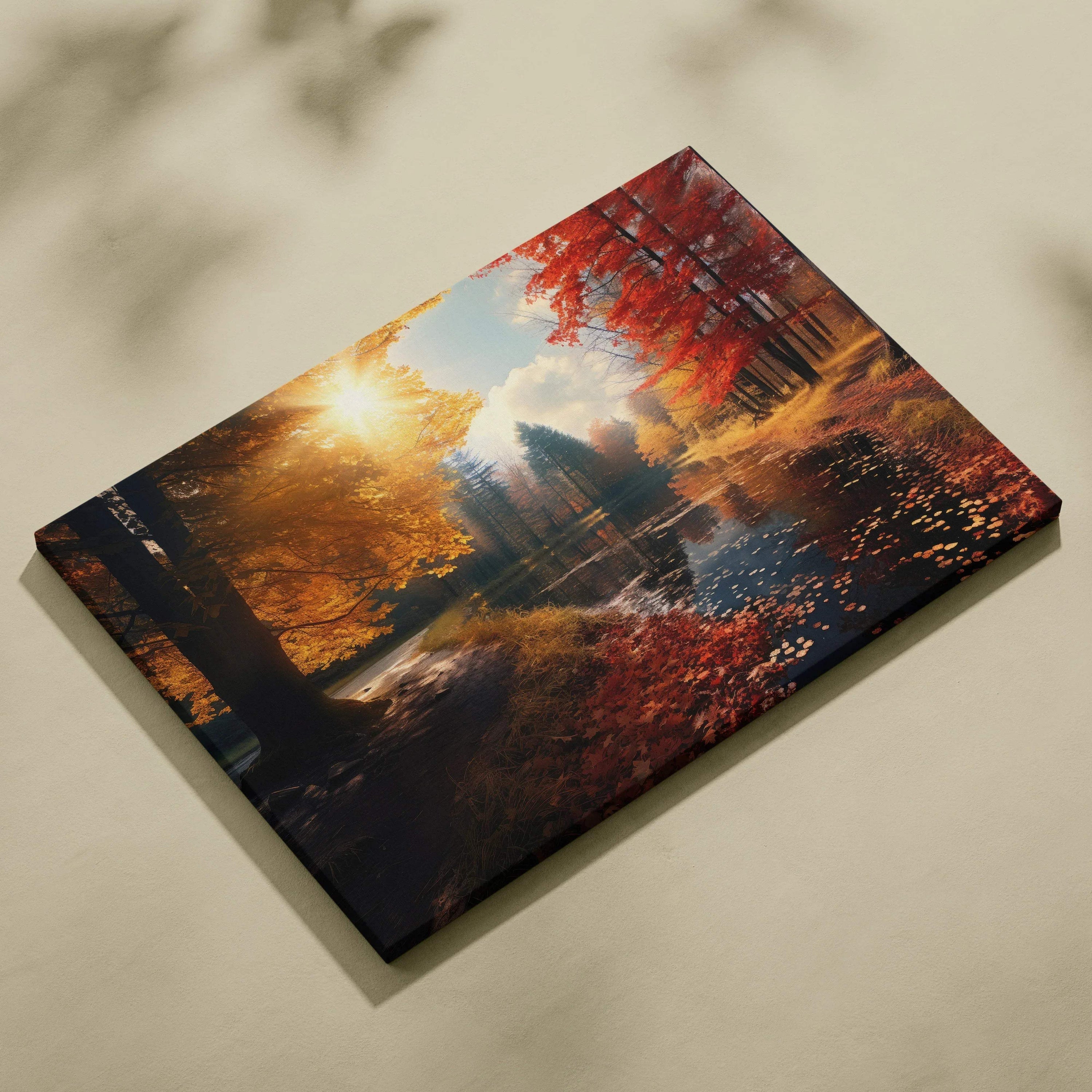 Autumn landscape canvas art with golden leaves, vibrant sunset, and reflective water wall art.
