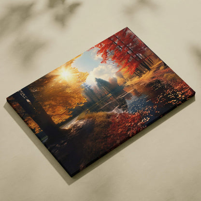 Autumn landscape canvas art with golden leaves, vibrant sunset, and reflective water wall art.