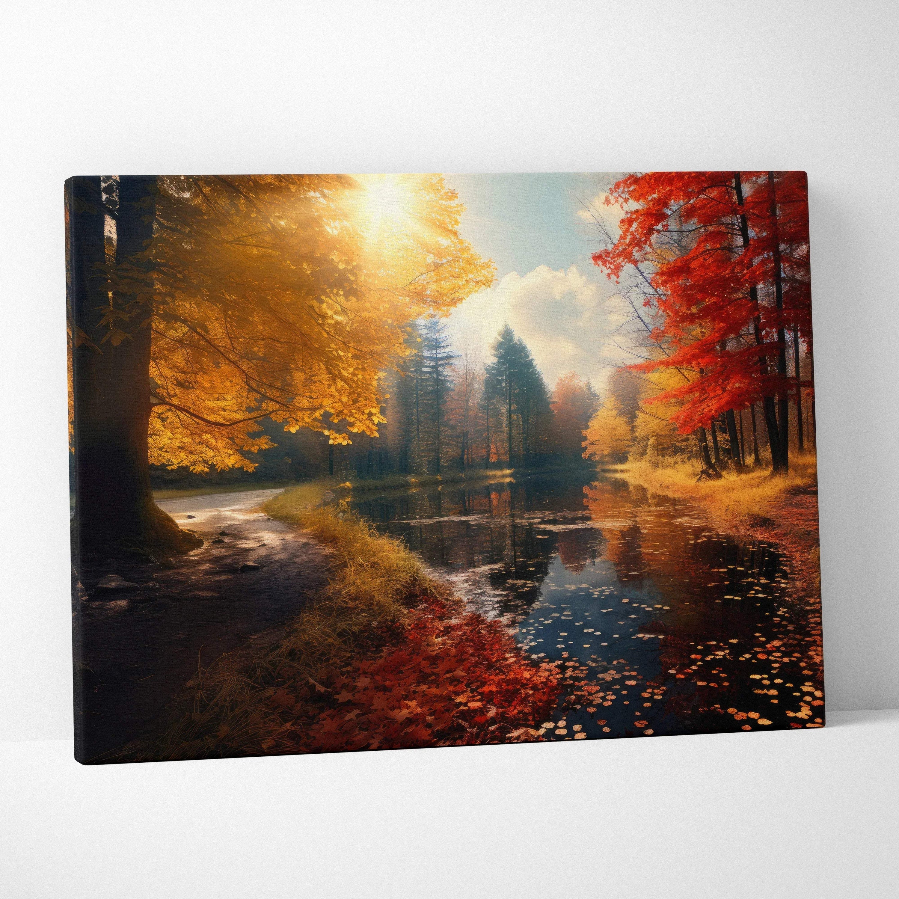 Autumn landscape canvas art with golden leaves, vibrant trees, and glowing sunset wall art.