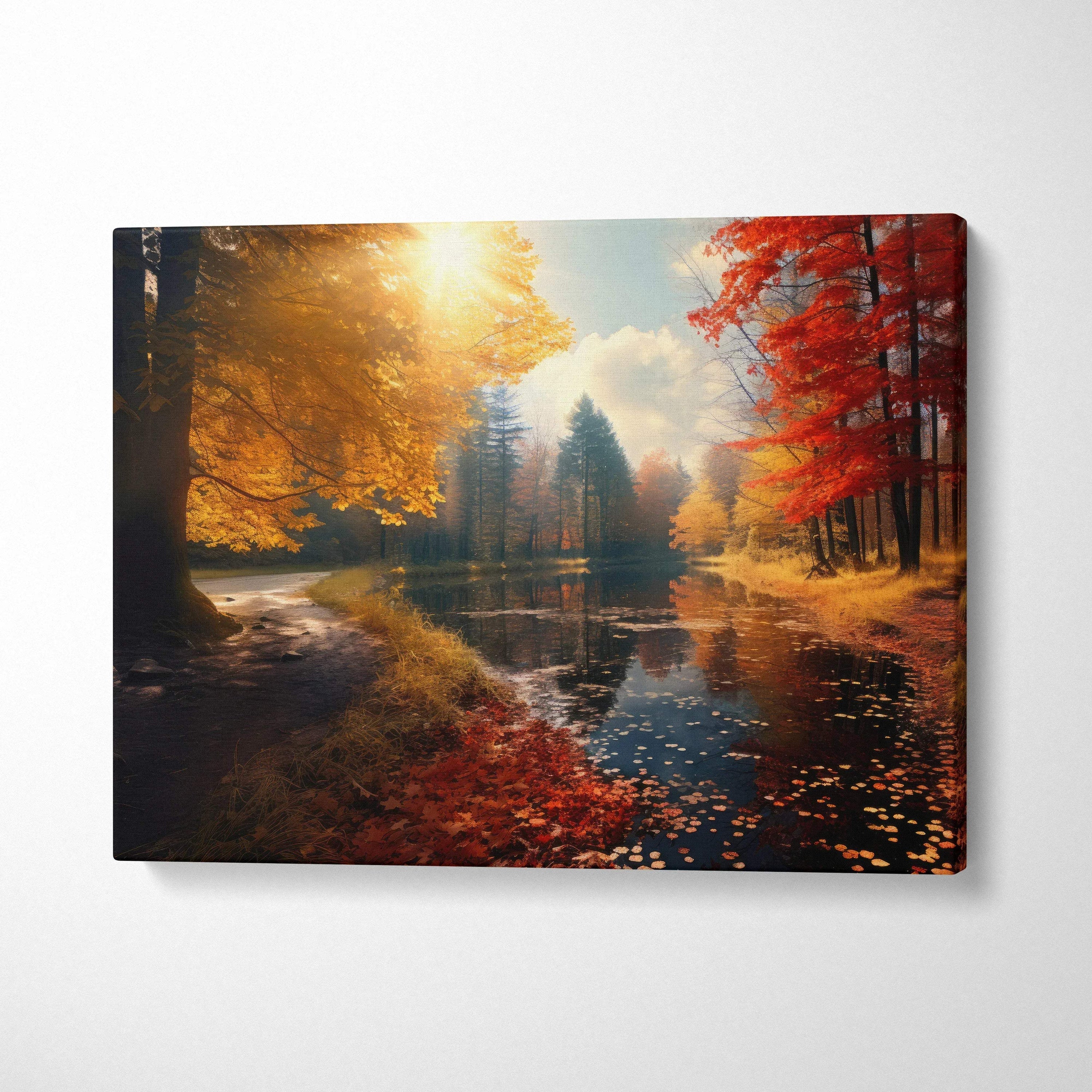 Autumn landscape canvas art with golden leaves, vibrant trees, and sunset over calm water wall art.