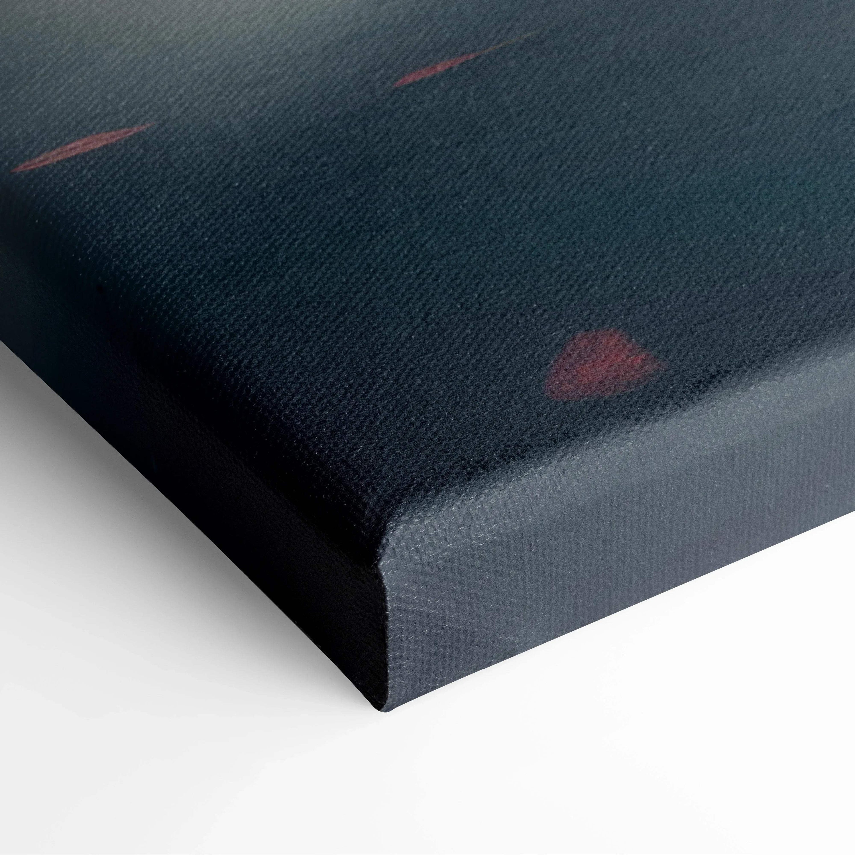 Close-up of dark canvas art corner with subtle red and orange hues on textured wall art surface.