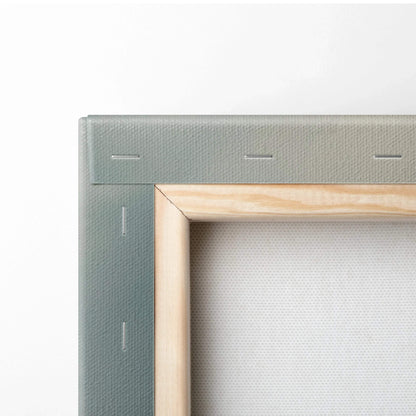 Close-up of wooden stretcher bars and gray canvas back of wall art canvas print.
