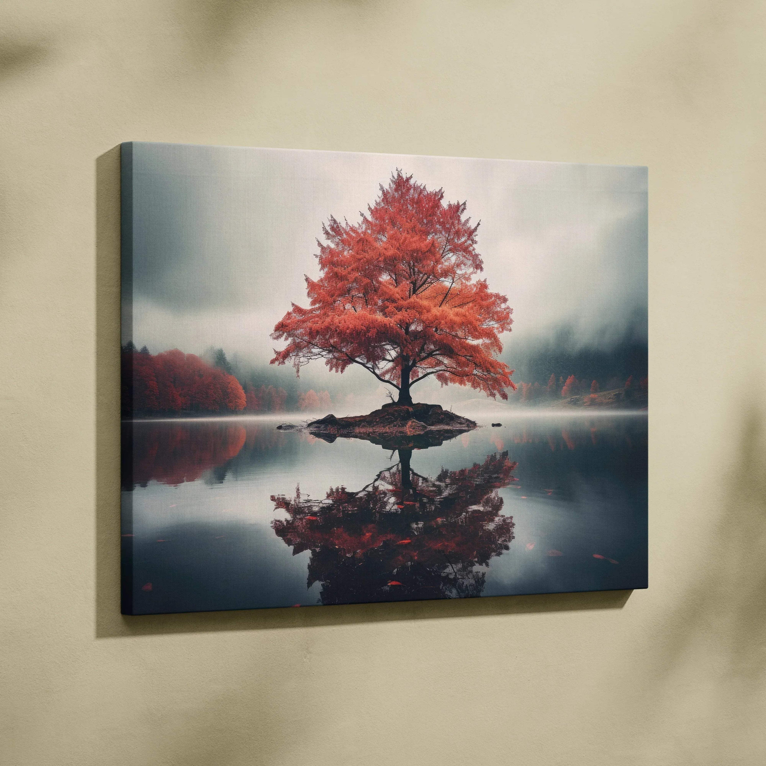 Canvas wall art of a vibrant red tree on a small island reflected in calm water with misty forest background.