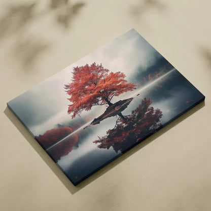 Canvas art featuring a solitary red tree with reflection on calm water, moody sky backdrop wall art.