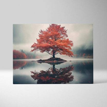 Canvas art featuring a single vibrant red autumn tree on a small island reflected in calm water, serene nature wall art.