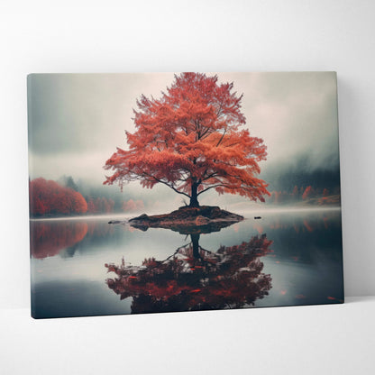 Canvas wall art featuring a lone tree with vibrant red autumn leaves reflected in calm water under a cloudy sky.