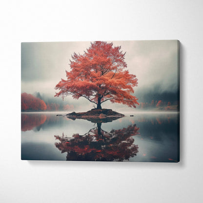 Canvas wall art featuring a vibrant autumn tree with red foliage reflected in calm water.