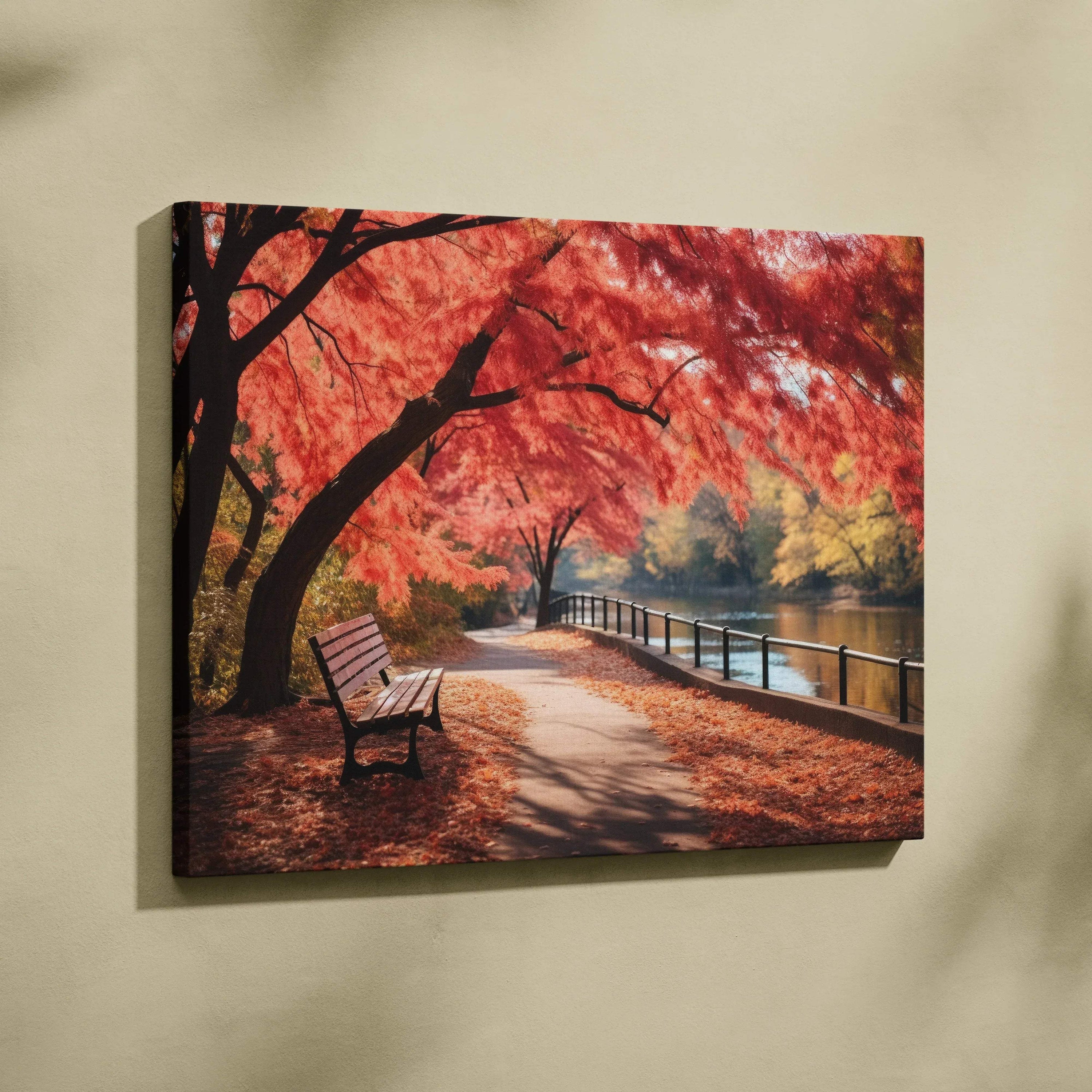 Autumn nature canvas art with vibrant red leaves, empty bench, and golden river landscape wall art.