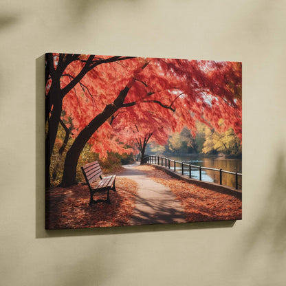 Autumn nature canvas art with vibrant red leaves, empty bench, and golden river landscape wall art.