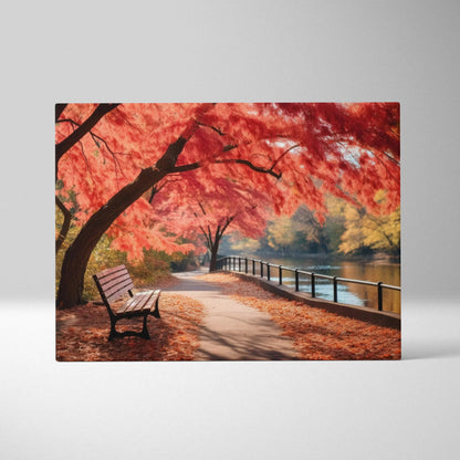 Autumn nature canvas art featuring vibrant red leaves, empty bench, and golden riverside path wall art.