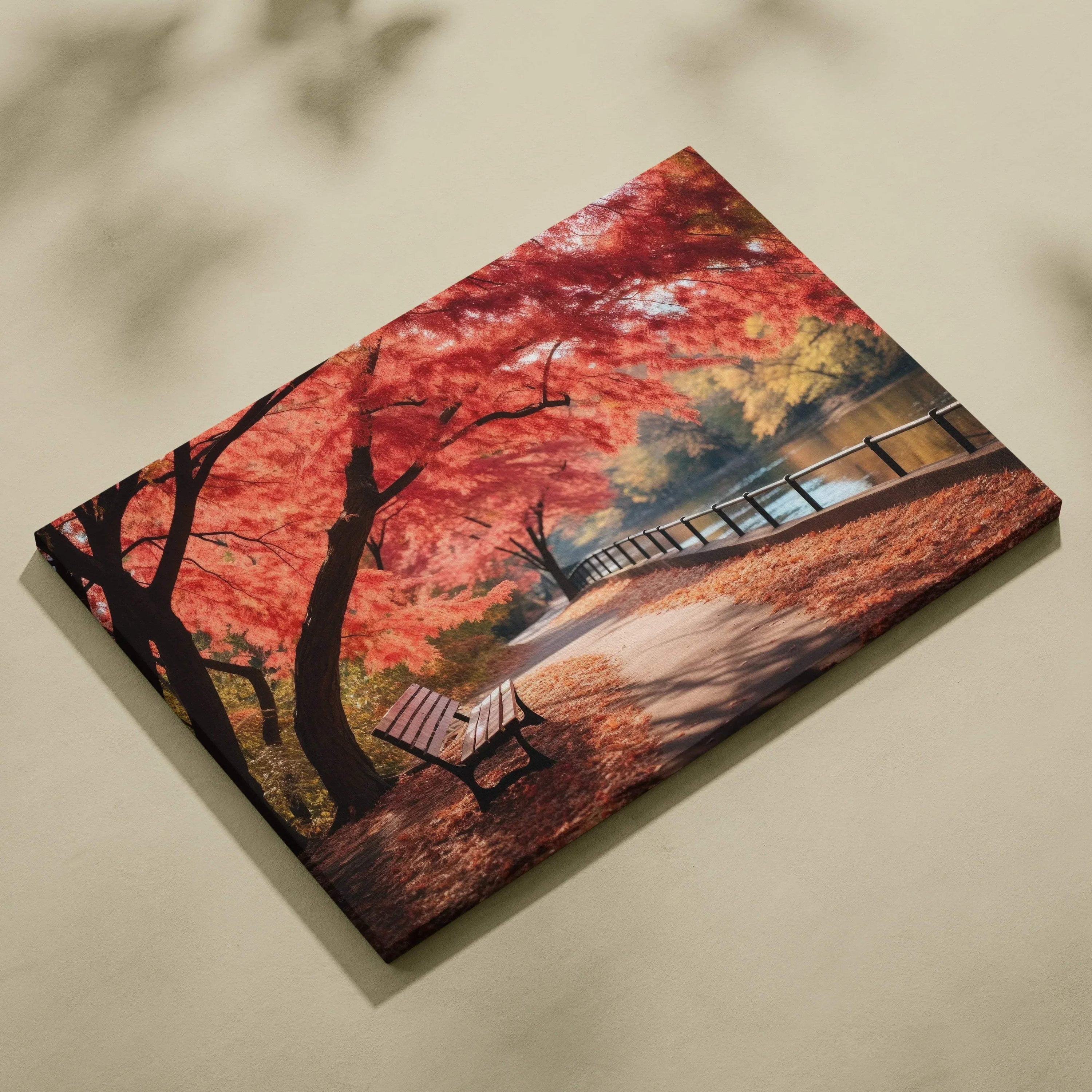 Autumn nature canvas art with vibrant red leaves and golden landscape along a park pathway wall art.