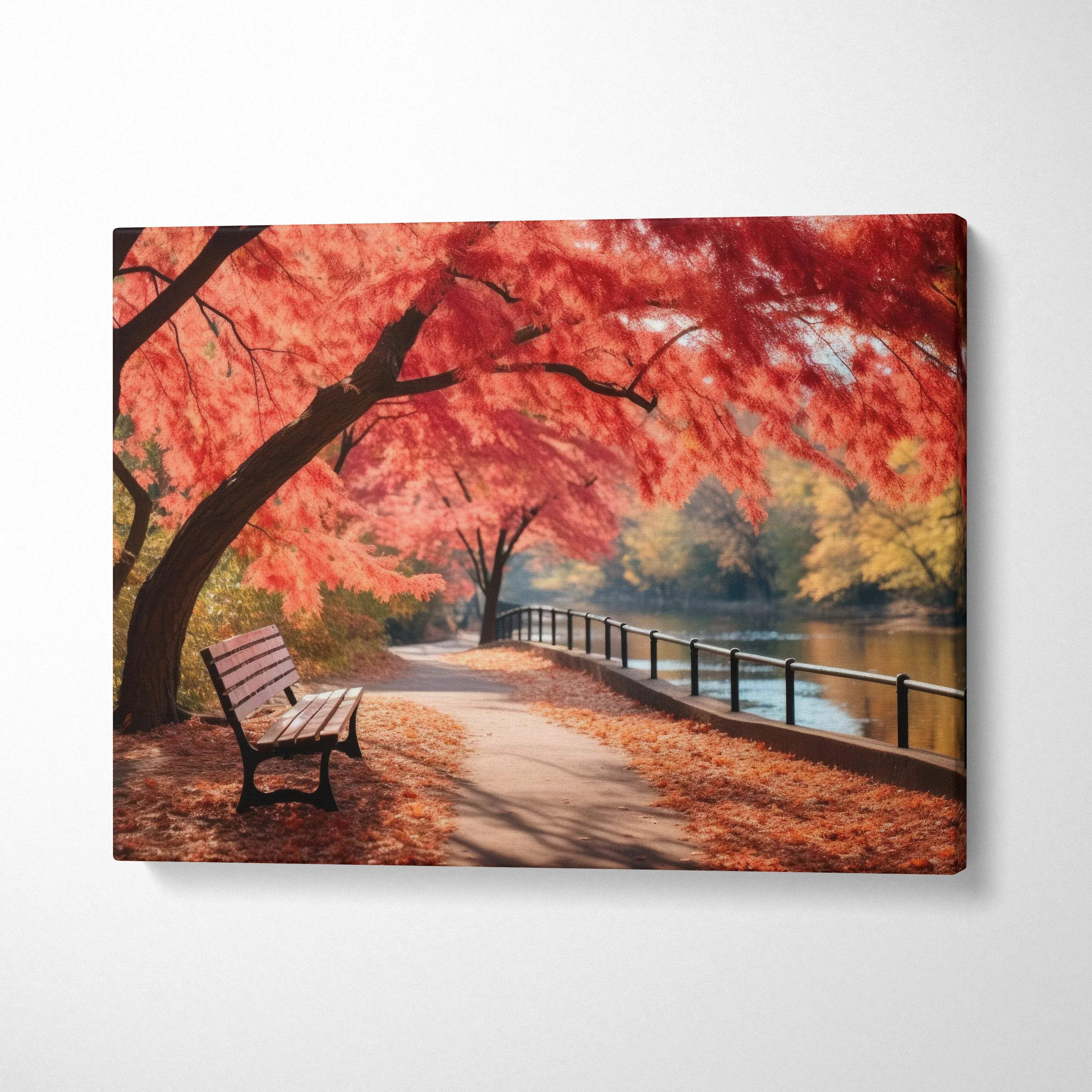 Autumn nature canvas art with vibrant red leaves, wooden bench, and riverside path wall art.