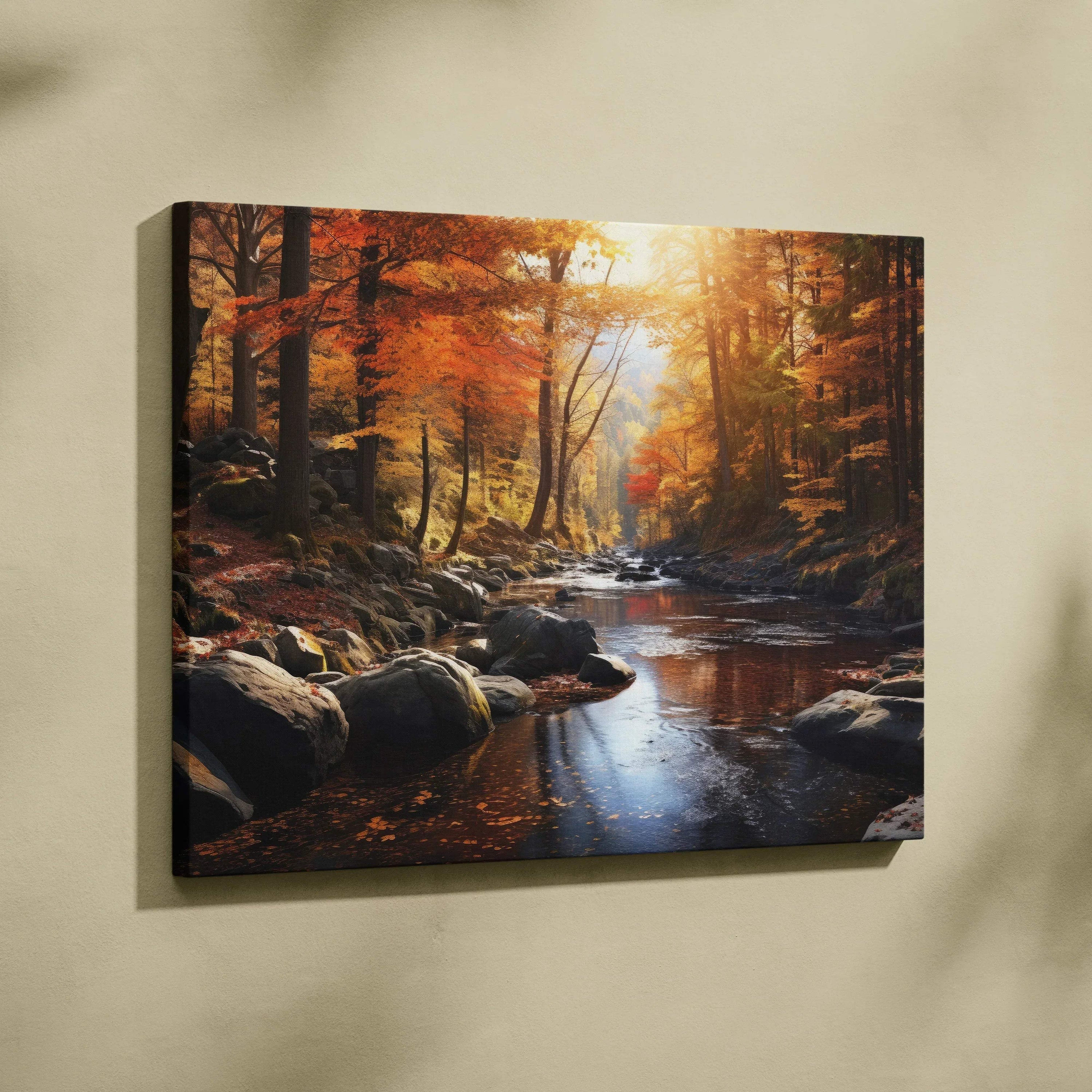 Autumn landscape canvas art with golden leaves and a sunlit forest stream wall art.
