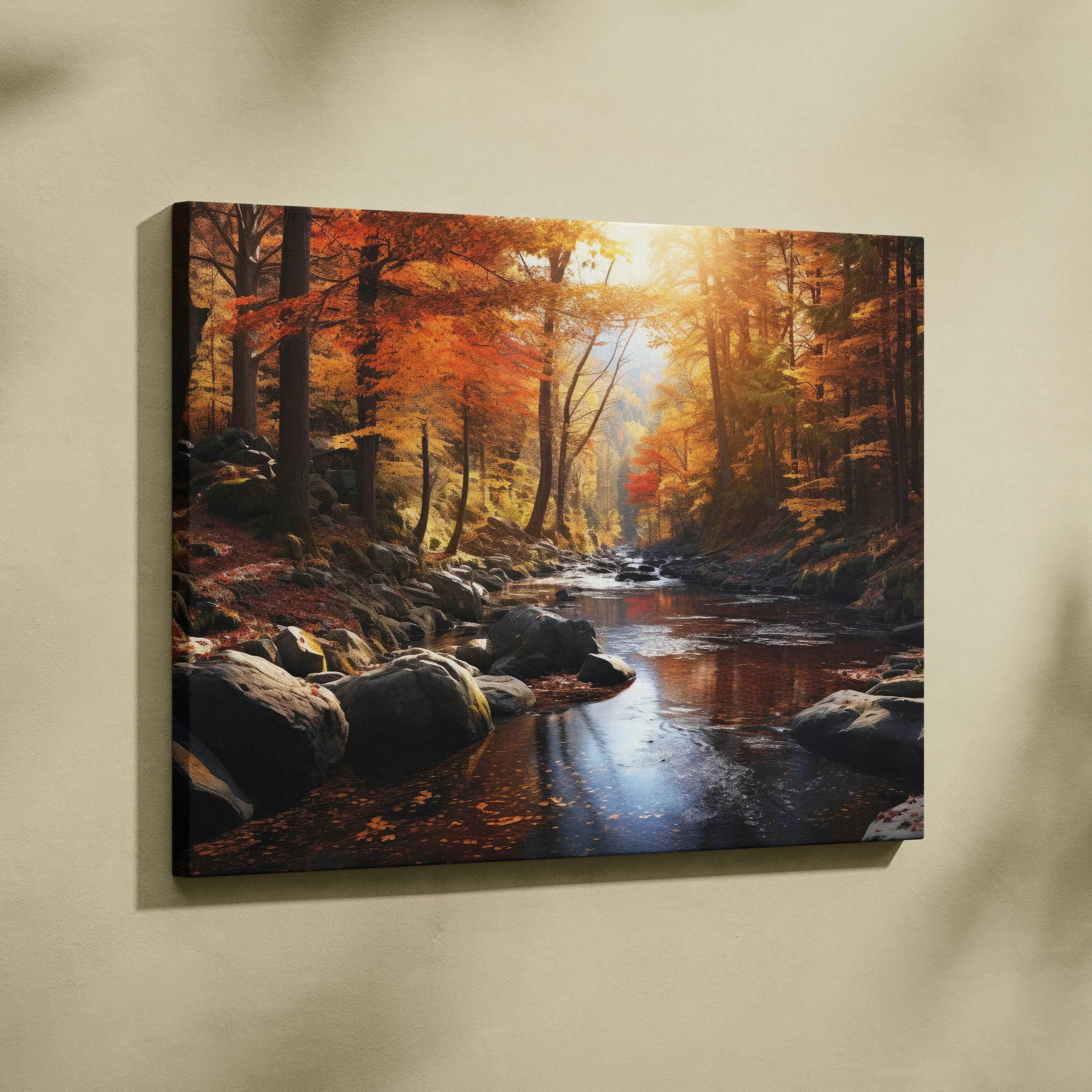 Rectangular canvas print of a photoreal autumn forest landscape with golden leaves and a serene river in warm colors