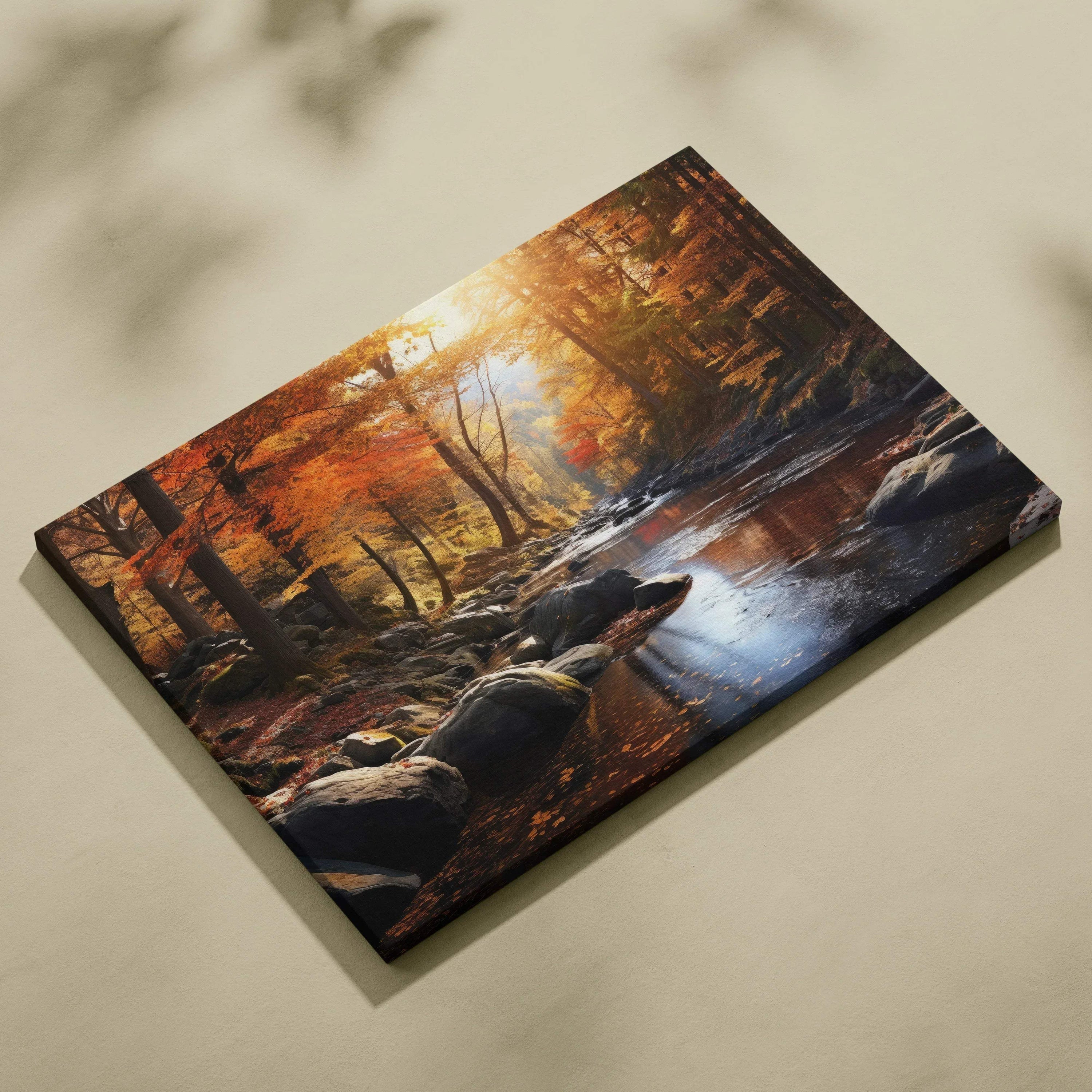 Autumn landscape canvas art with golden leaves and sunlight over a forest stream wall art.