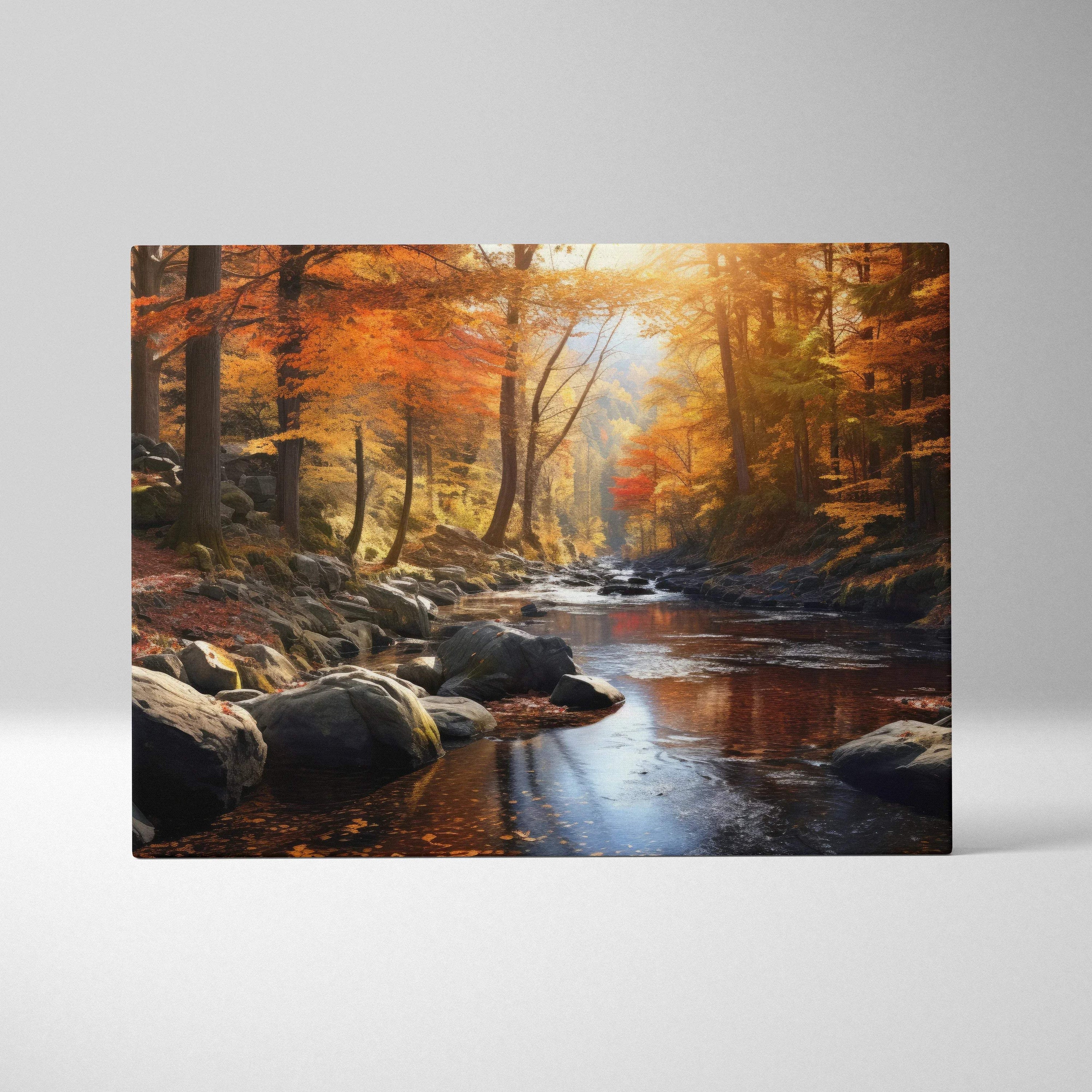 Autumn landscape canvas art with vibrant golden leaves and a reflective forest stream wall art.