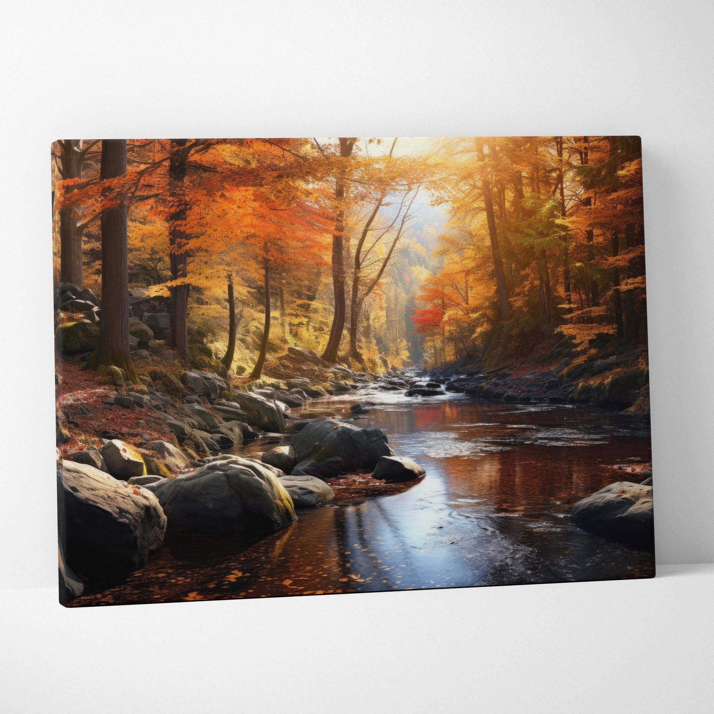 Autumn landscape canvas art with golden leaves and vibrant fall colors reflecting on river wall art.