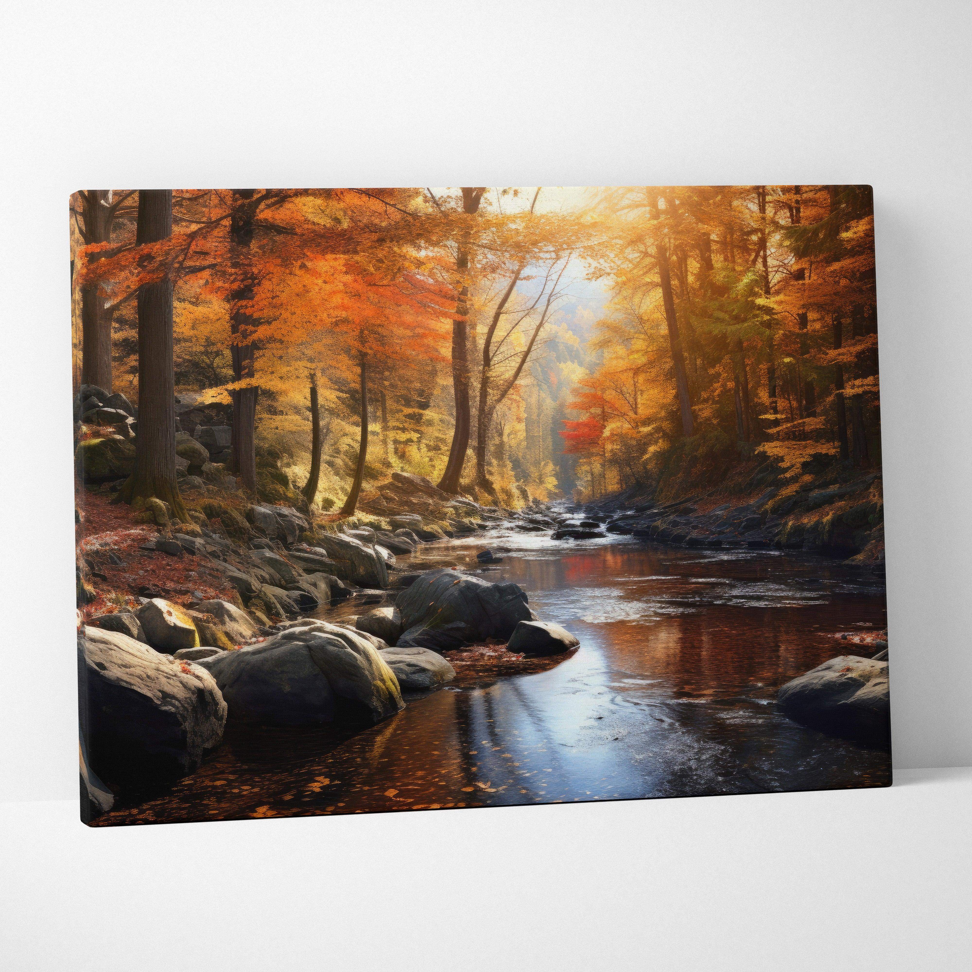 A rectangular canvas print of a photoreal autumn forest landscape with golden leaves and a serene river in warm colors