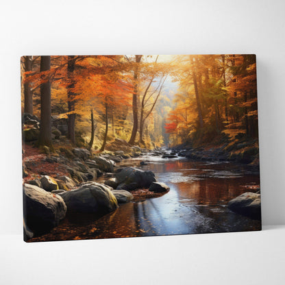 Autumn landscape canvas art with golden leaves and vibrant fall colors reflecting on river wall art.