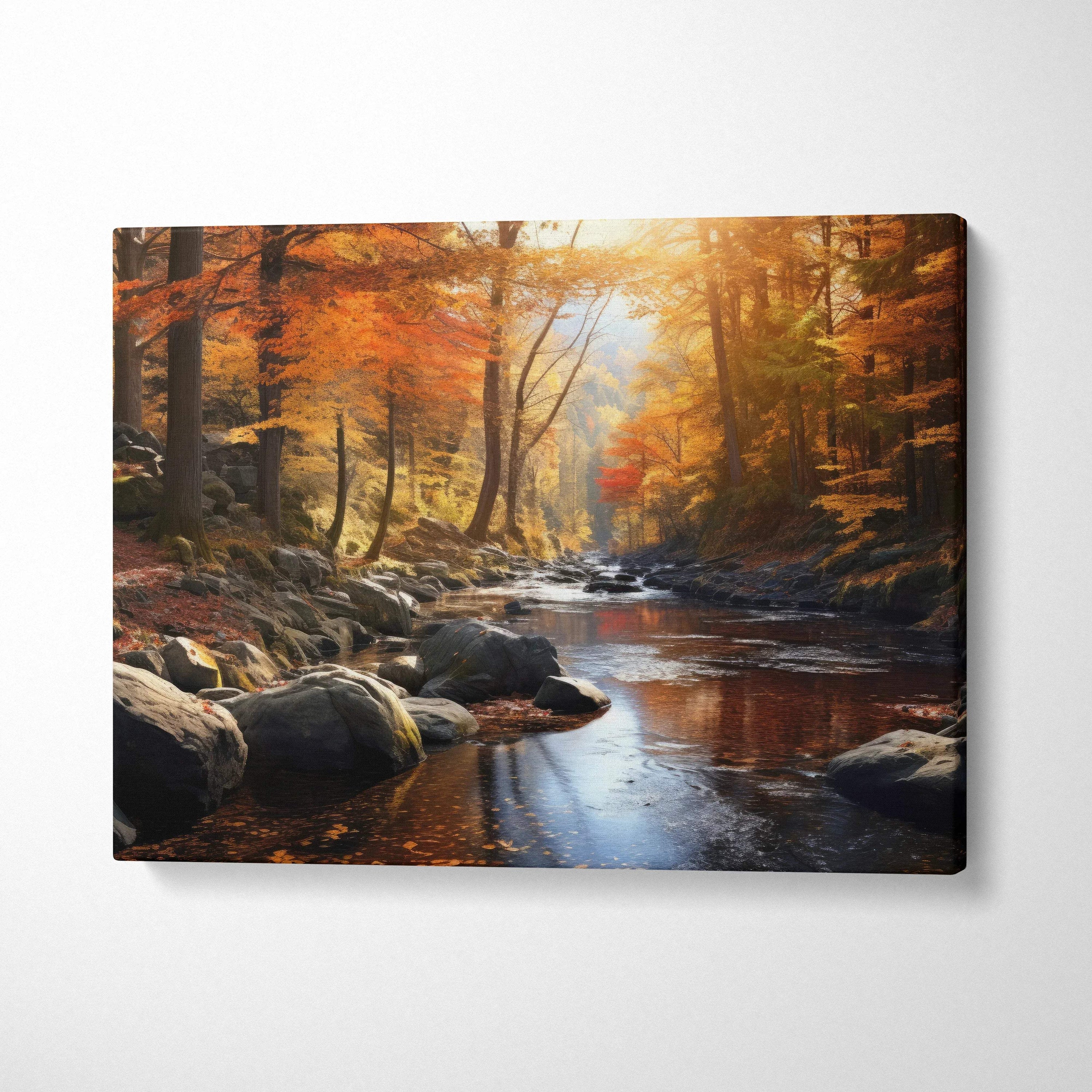 Autumn landscape canvas art with golden leaves and a reflective river, vibrant wall art.