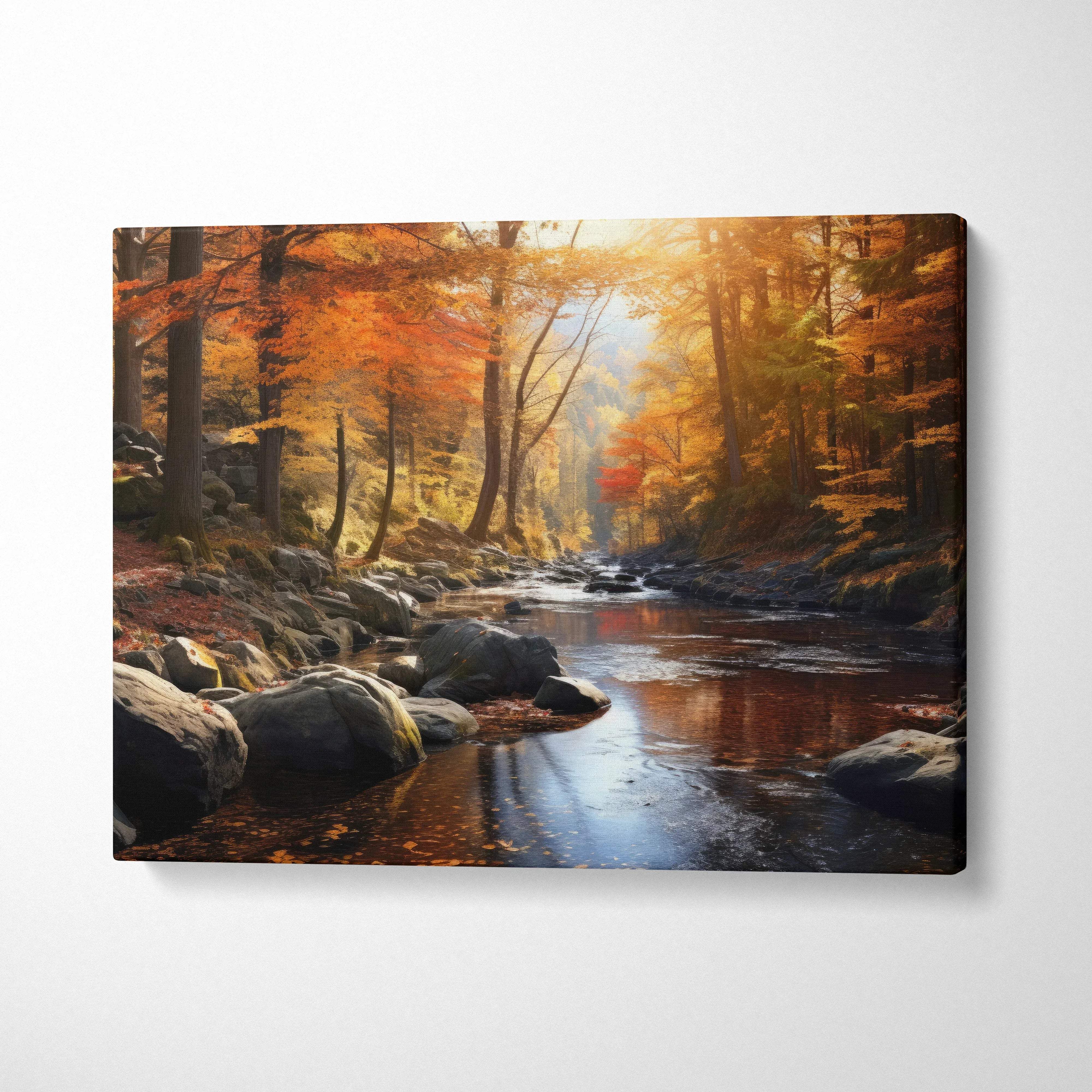 Autumn landscape canvas art with golden leaves and a reflective river, vibrant wall art.