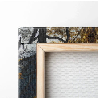 Close-up of wooden frame corner and textured canvas art with dark branches and golden autumn leaves wall art.
