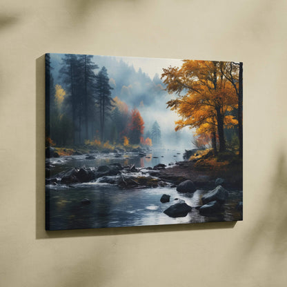 Vibrant autumn nature canvas art with golden fall leaves and misty river landscape wall art.