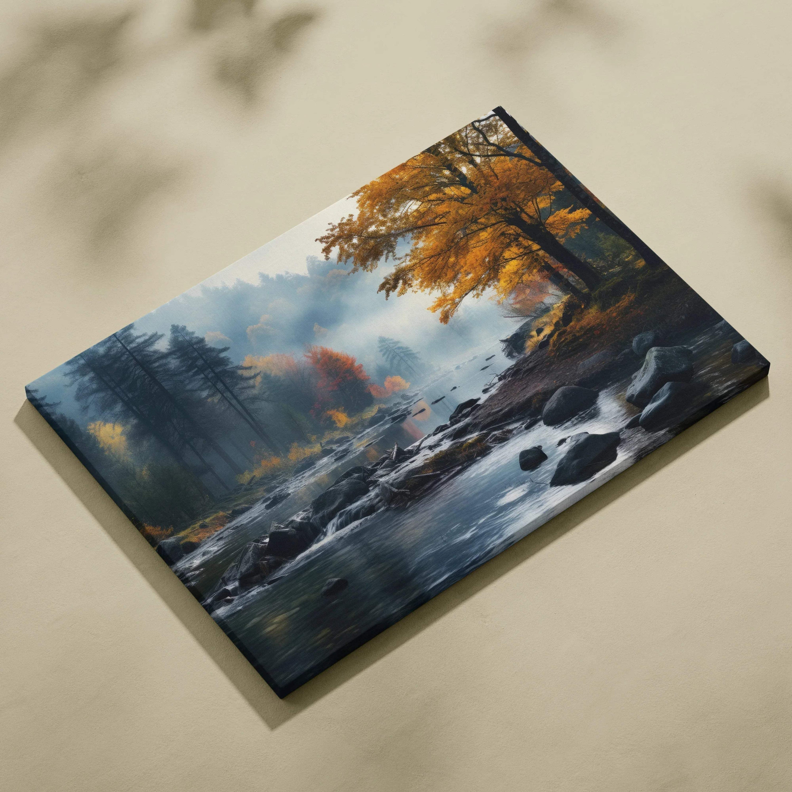 Autumn nature canvas art with golden fall leaves and misty river landscape wall art.