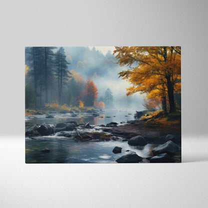 Autumn nature canvas art with golden fall leaves and misty forest landscape wall art.