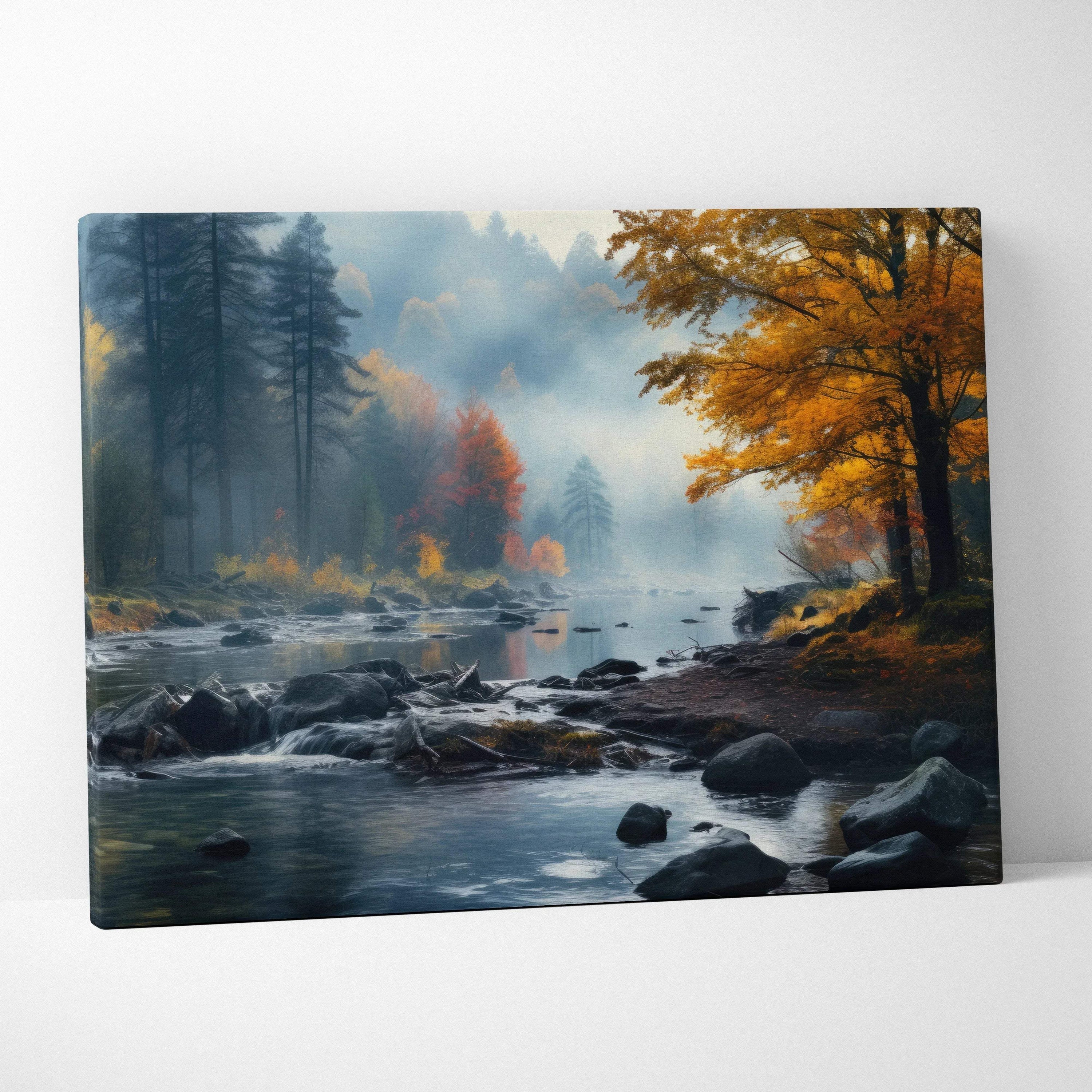 Canvas art featuring vibrant autumn trees with golden leaves beside a misty river landscape wall art.
