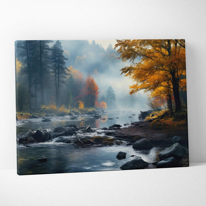 Canvas art featuring vibrant autumn trees with golden leaves beside a misty river landscape wall art.